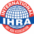 Logo of the International Hot Rod Association with globe and bold text. Logo of the International Hot Rod Association with globe and bold text.